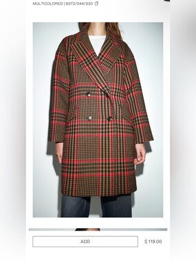 Zara Brown and Red Plaid Double-Breasted Pea Coat